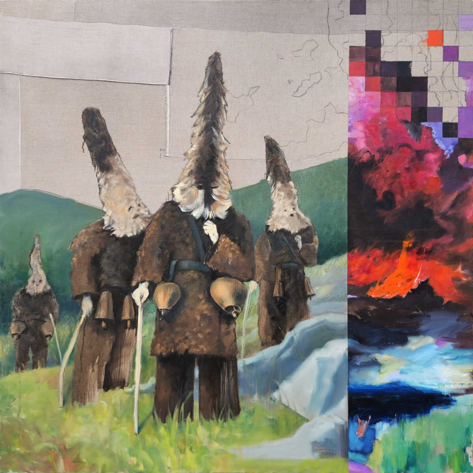 Postacie w futrzanych kapturach na tle przyrody i cyfrowej grafiki.