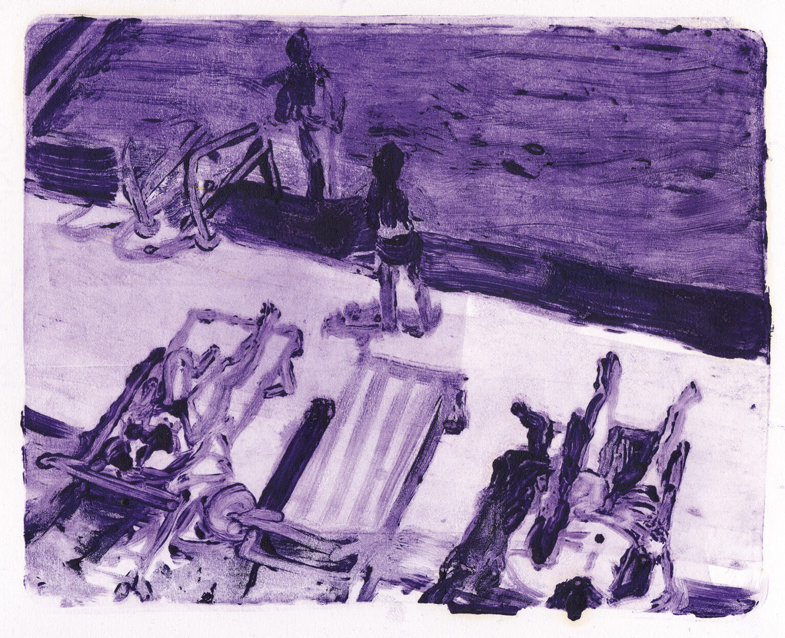 Scena z basenu 1, 2025, monotypia na papierze, 20 x 25 cm